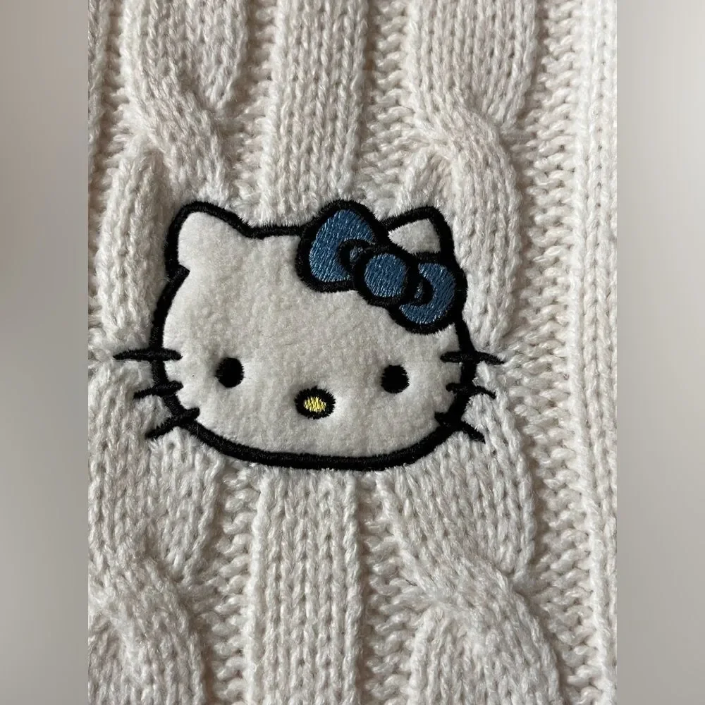 Sanrio Women's Hello Kitty Scarf Winter Cable Knit Embroidered Graphic Off White